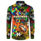 Panthers Autism Awareness Button Sweatshirt Puzzle Flames Rugby Ball
