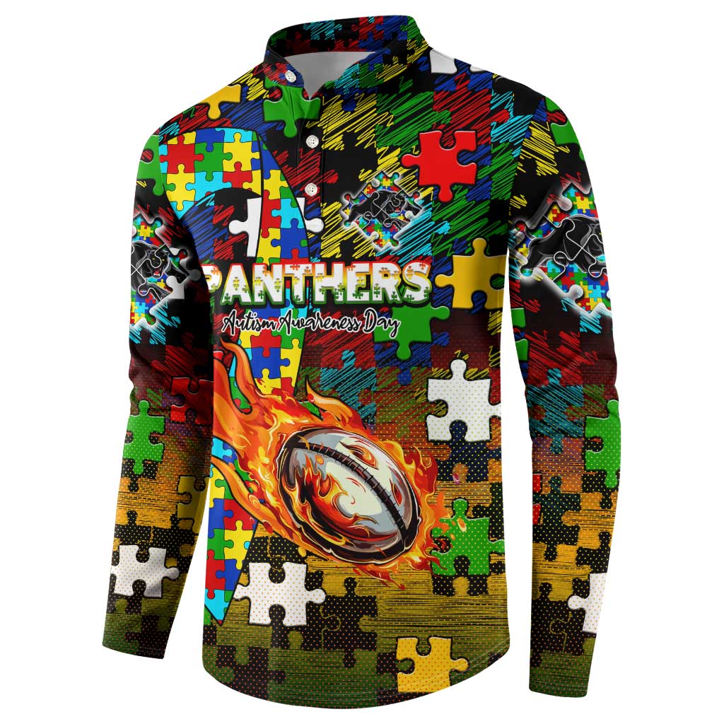 Panthers Autism Awareness Button Sweatshirt Puzzle Flames Rugby Ball