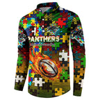 Panthers Autism Awareness Button Sweatshirt Puzzle Flames Rugby Ball