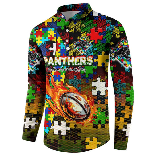 Panthers Autism Awareness Button Sweatshirt Puzzle Flames Rugby Ball