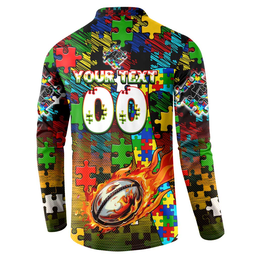 Panthers Autism Awareness Button Sweatshirt Puzzle Flames Rugby Ball