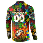 Panthers Autism Awareness Button Sweatshirt Puzzle Flames Rugby Ball