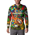 Panthers Autism Awareness Button Sweatshirt Puzzle Flames Rugby Ball
