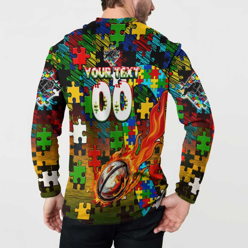Panthers Autism Awareness Button Sweatshirt Puzzle Flames Rugby Ball