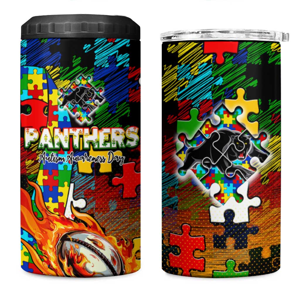 Panthers Autism Awareness 4 in 1 Can Cooler Tumbler Puzzle Flames Rugby Ball