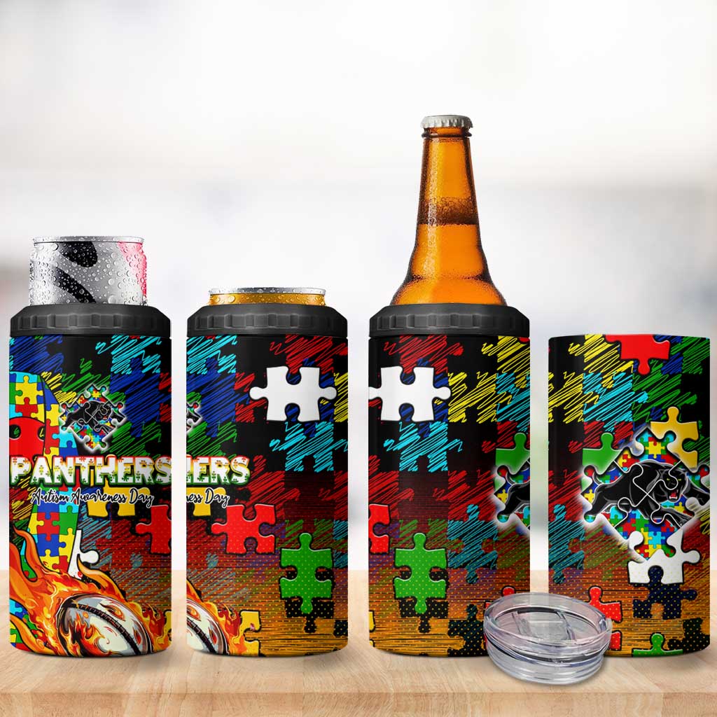 Panthers Autism Awareness 4 in 1 Can Cooler Tumbler Puzzle Flames Rugby Ball