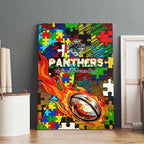Panthers Autism Awareness Canvas Wall Art Puzzle Flames Rugby Ball