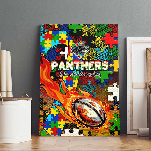 Panthers Autism Awareness Canvas Wall Art Puzzle Flames Rugby Ball