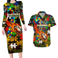 Panthers Autism Awareness Couples Matching Long Sleeve Bodycon Dress and Hawaiian Shirt Puzzle Flames Rugby Ball