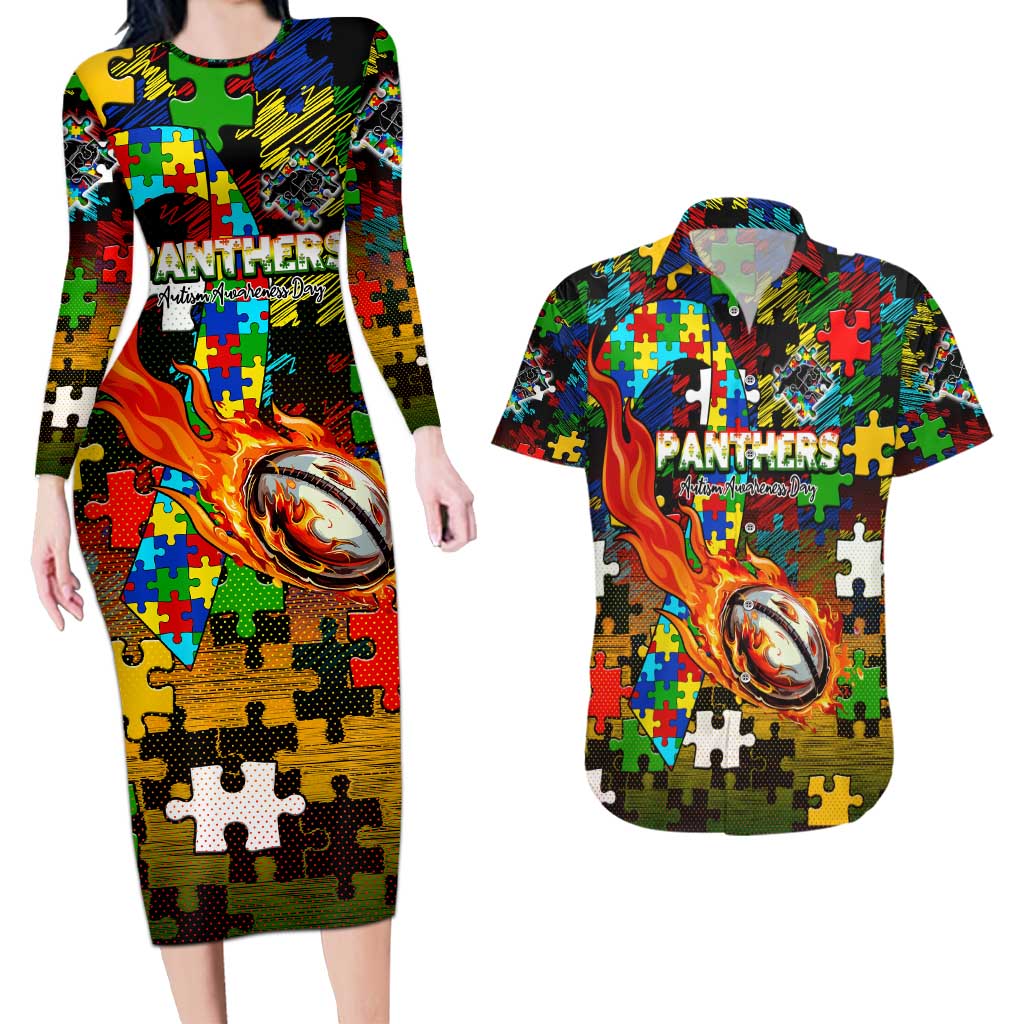 Panthers Autism Awareness Couples Matching Long Sleeve Bodycon Dress and Hawaiian Shirt Puzzle Flames Rugby Ball