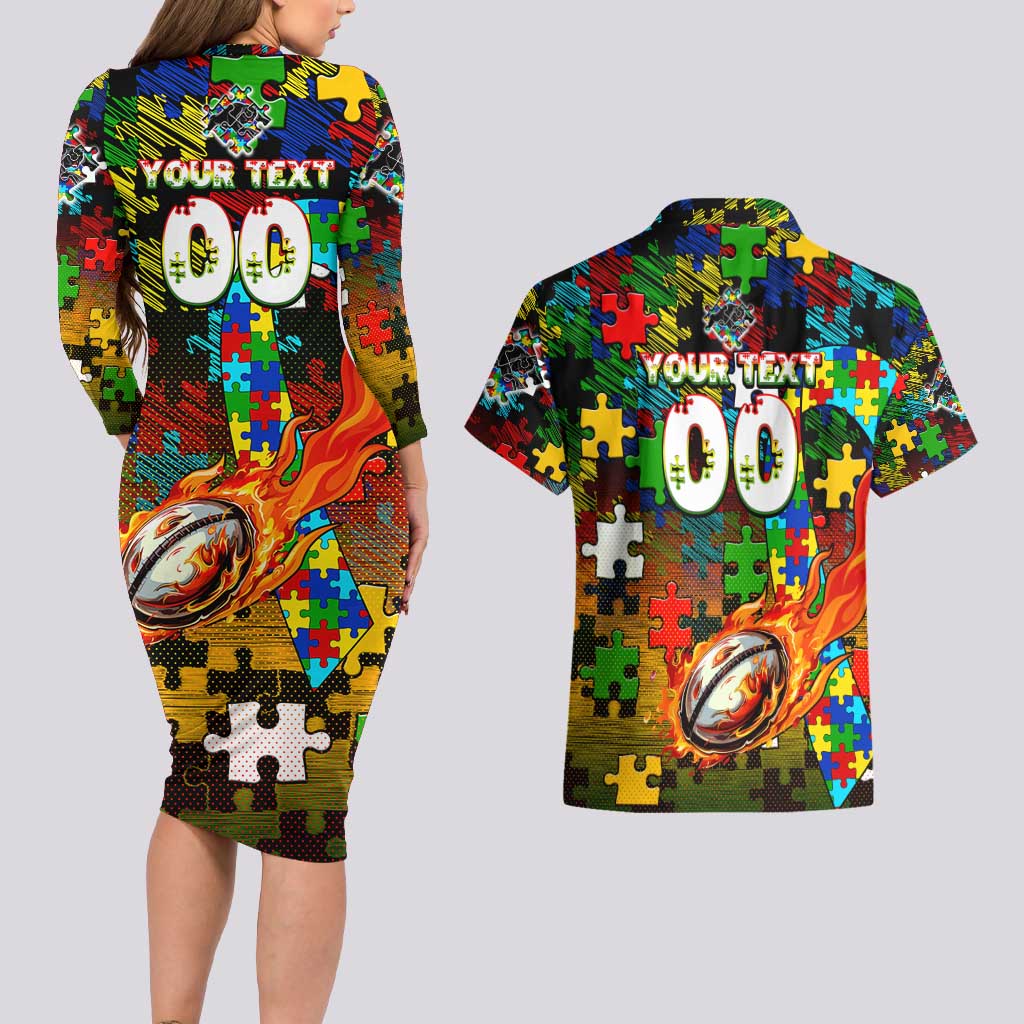 Panthers Autism Awareness Couples Matching Long Sleeve Bodycon Dress and Hawaiian Shirt Puzzle Flames Rugby Ball