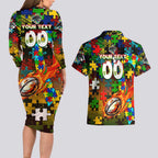 Panthers Autism Awareness Couples Matching Long Sleeve Bodycon Dress and Hawaiian Shirt Puzzle Flames Rugby Ball