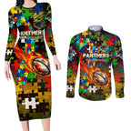 Panthers Autism Awareness Couples Matching Long Sleeve Bodycon Dress and Long Sleeve Button Shirt Puzzle Flames Rugby Ball