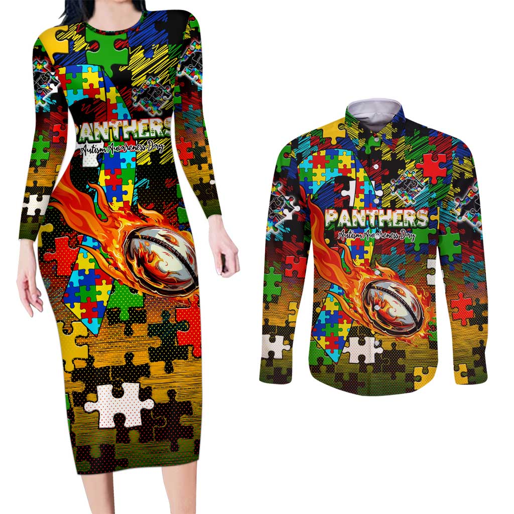 Panthers Autism Awareness Couples Matching Long Sleeve Bodycon Dress and Long Sleeve Button Shirt Puzzle Flames Rugby Ball