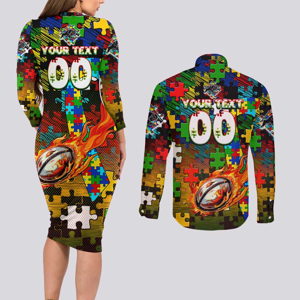 Panthers Autism Awareness Couples Matching Long Sleeve Bodycon Dress and Long Sleeve Button Shirt Puzzle Flames Rugby Ball