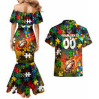 Panthers Autism Awareness Couples Matching Mermaid Dress and Hawaiian Shirt Puzzle Flames Rugby Ball