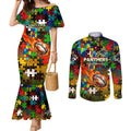 Panthers Autism Awareness Couples Matching Mermaid Dress and Long Sleeve Button Shirt Puzzle Flames Rugby Ball