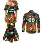 Panthers Autism Awareness Couples Matching Mermaid Dress and Long Sleeve Button Shirt Puzzle Flames Rugby Ball
