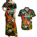 Panthers Autism Awareness Couples Matching Off Shoulder Maxi Dress and Hawaiian Shirt Puzzle Flames Rugby Ball