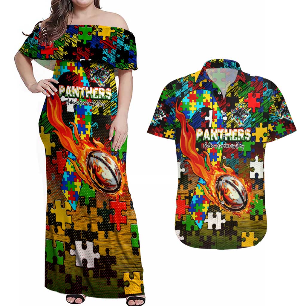 Panthers Autism Awareness Couples Matching Off Shoulder Maxi Dress and Hawaiian Shirt Puzzle Flames Rugby Ball