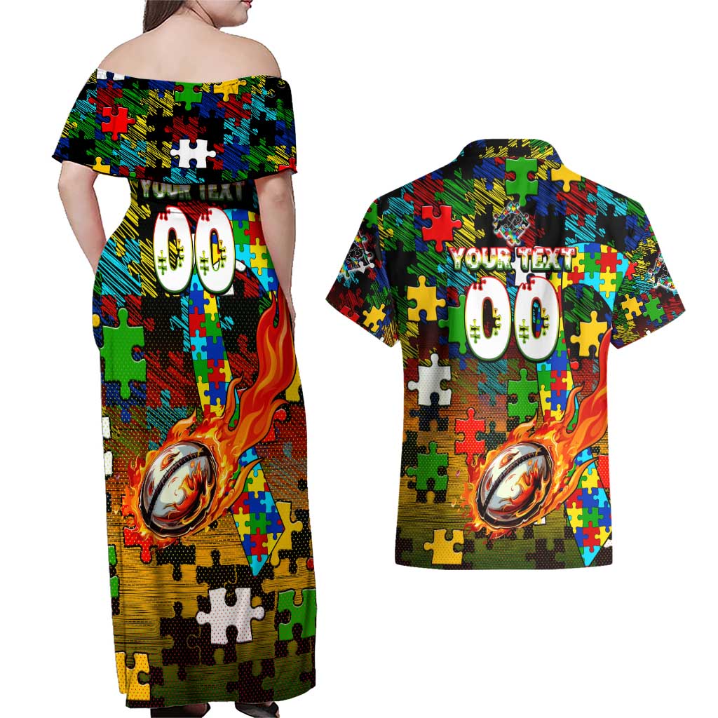 Panthers Autism Awareness Couples Matching Off Shoulder Maxi Dress and Hawaiian Shirt Puzzle Flames Rugby Ball