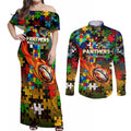 Panthers Autism Awareness Couples Matching Off Shoulder Maxi Dress and Long Sleeve Button Shirt Puzzle Flames Rugby Ball