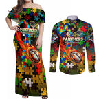 Panthers Autism Awareness Couples Matching Off Shoulder Maxi Dress and Long Sleeve Button Shirt Puzzle Flames Rugby Ball
