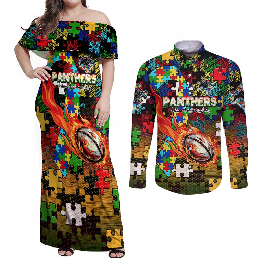 Panthers Autism Awareness Couples Matching Off Shoulder Maxi Dress and Long Sleeve Button Shirt Puzzle Flames Rugby Ball