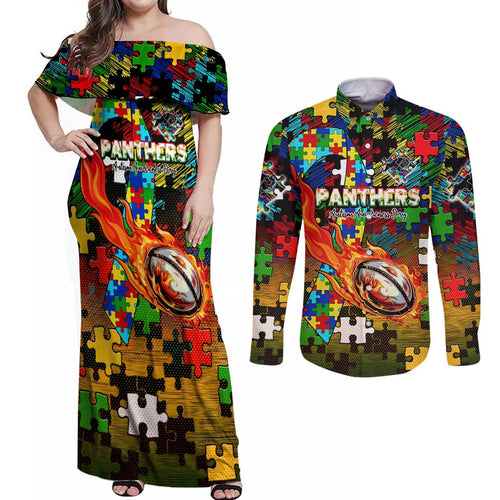 Panthers Autism Awareness Couples Matching Off Shoulder Maxi Dress and Long Sleeve Button Shirt Puzzle Flames Rugby Ball