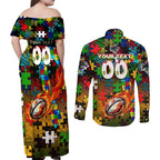 Panthers Autism Awareness Couples Matching Off Shoulder Maxi Dress and Long Sleeve Button Shirt Puzzle Flames Rugby Ball