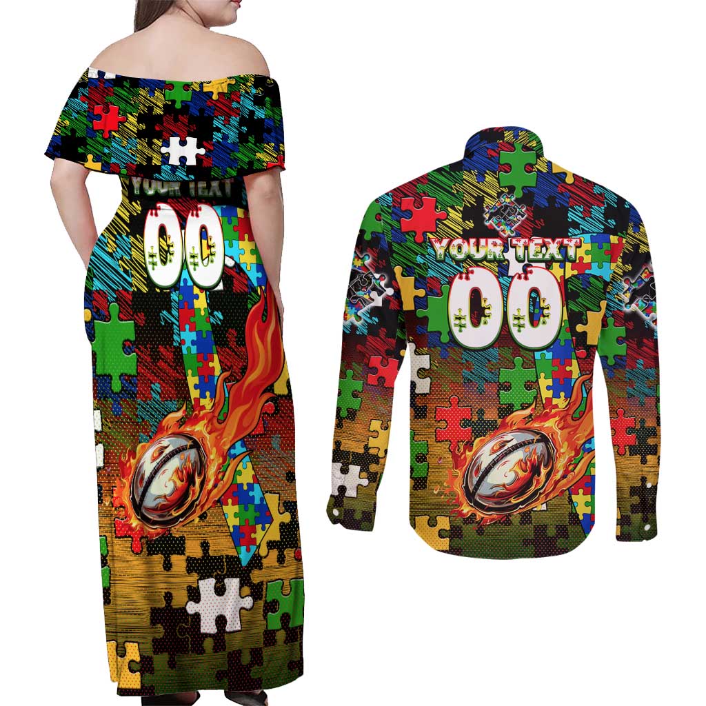 Panthers Autism Awareness Couples Matching Off Shoulder Maxi Dress and Long Sleeve Button Shirt Puzzle Flames Rugby Ball