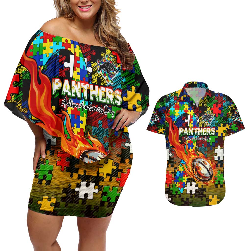 Panthers Autism Awareness Couples Matching Off Shoulder Short Dress and Hawaiian Shirt Puzzle Flames Rugby Ball
