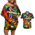 Panthers Autism Awareness Couples Matching Off Shoulder Short Dress and Hawaiian Shirt Puzzle Flames Rugby Ball