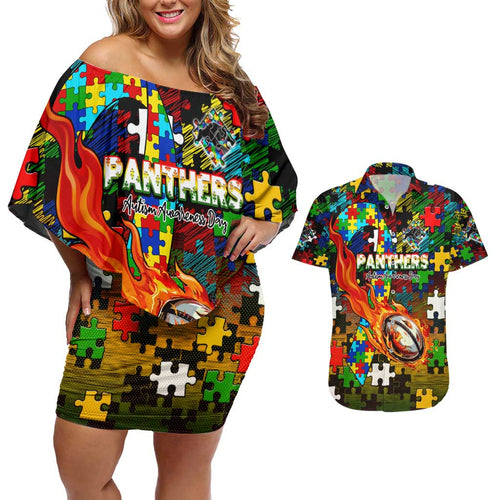 Panthers Autism Awareness Couples Matching Off Shoulder Short Dress and Hawaiian Shirt Puzzle Flames Rugby Ball