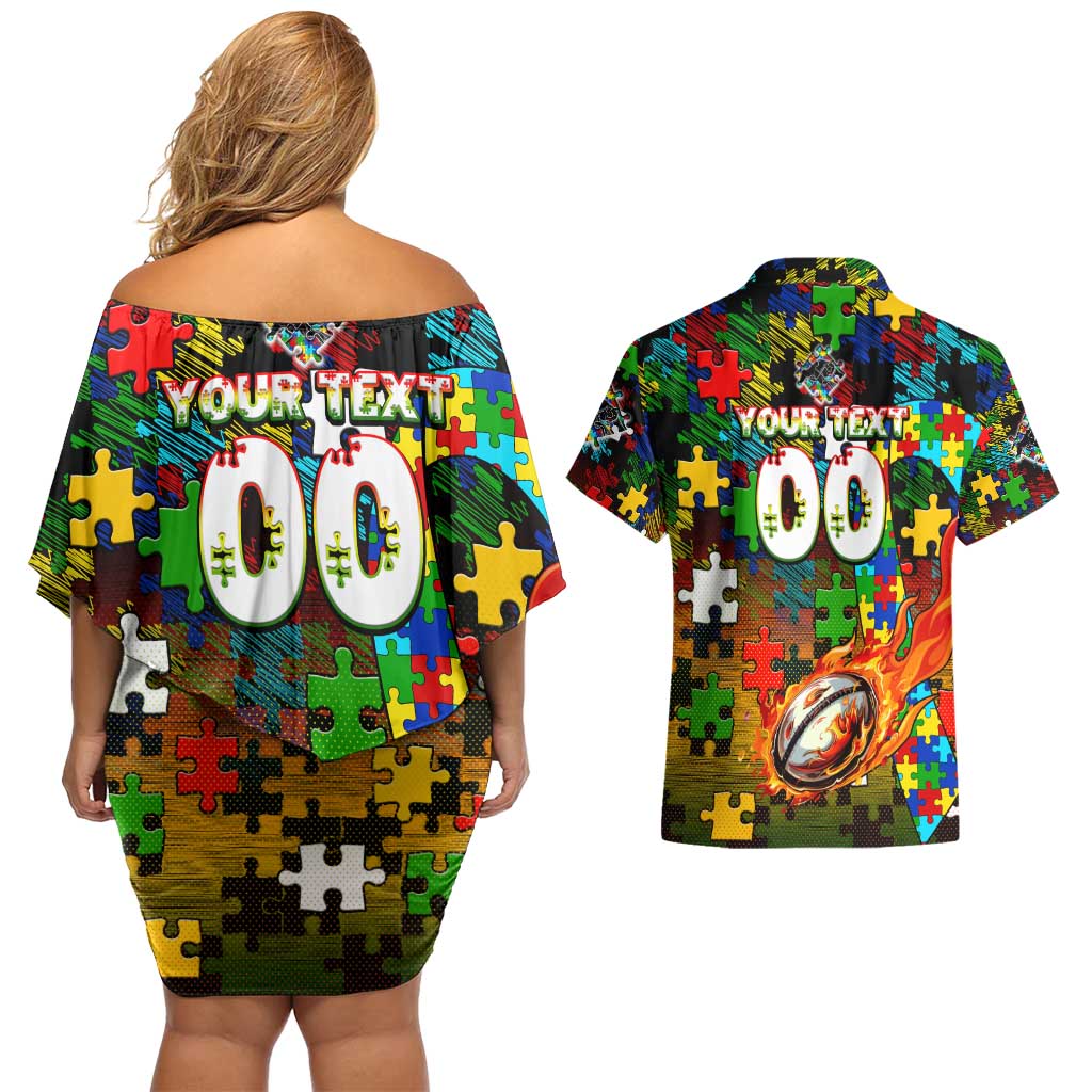 Panthers Autism Awareness Couples Matching Off Shoulder Short Dress and Hawaiian Shirt Puzzle Flames Rugby Ball
