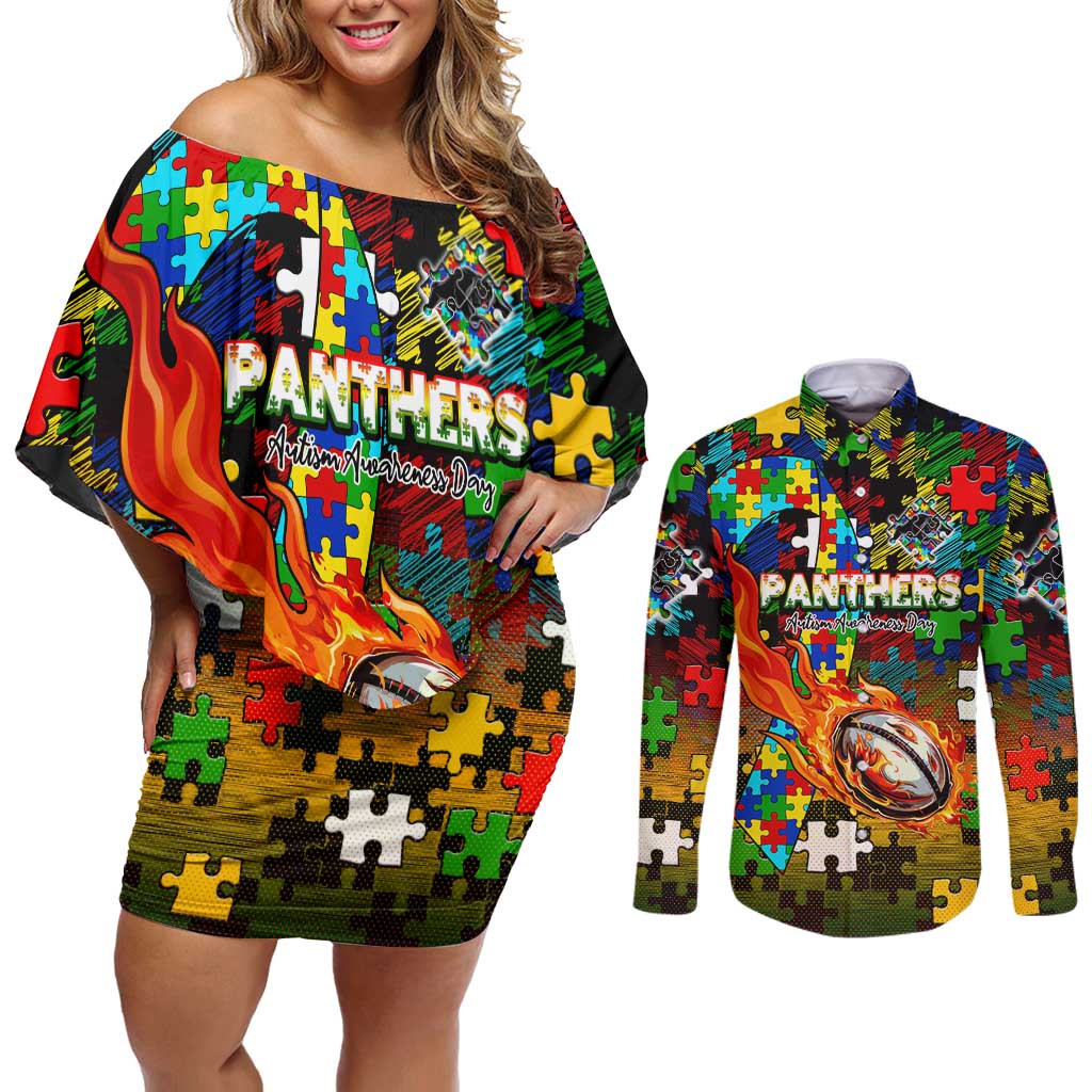 Panthers Autism Awareness Couples Matching Off Shoulder Short Dress and Long Sleeve Button Shirt Puzzle Flames Rugby Ball