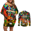 Panthers Autism Awareness Couples Matching Off Shoulder Short Dress and Long Sleeve Button Shirt Puzzle Flames Rugby Ball