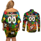 Panthers Autism Awareness Couples Matching Off Shoulder Short Dress and Long Sleeve Button Shirt Puzzle Flames Rugby Ball