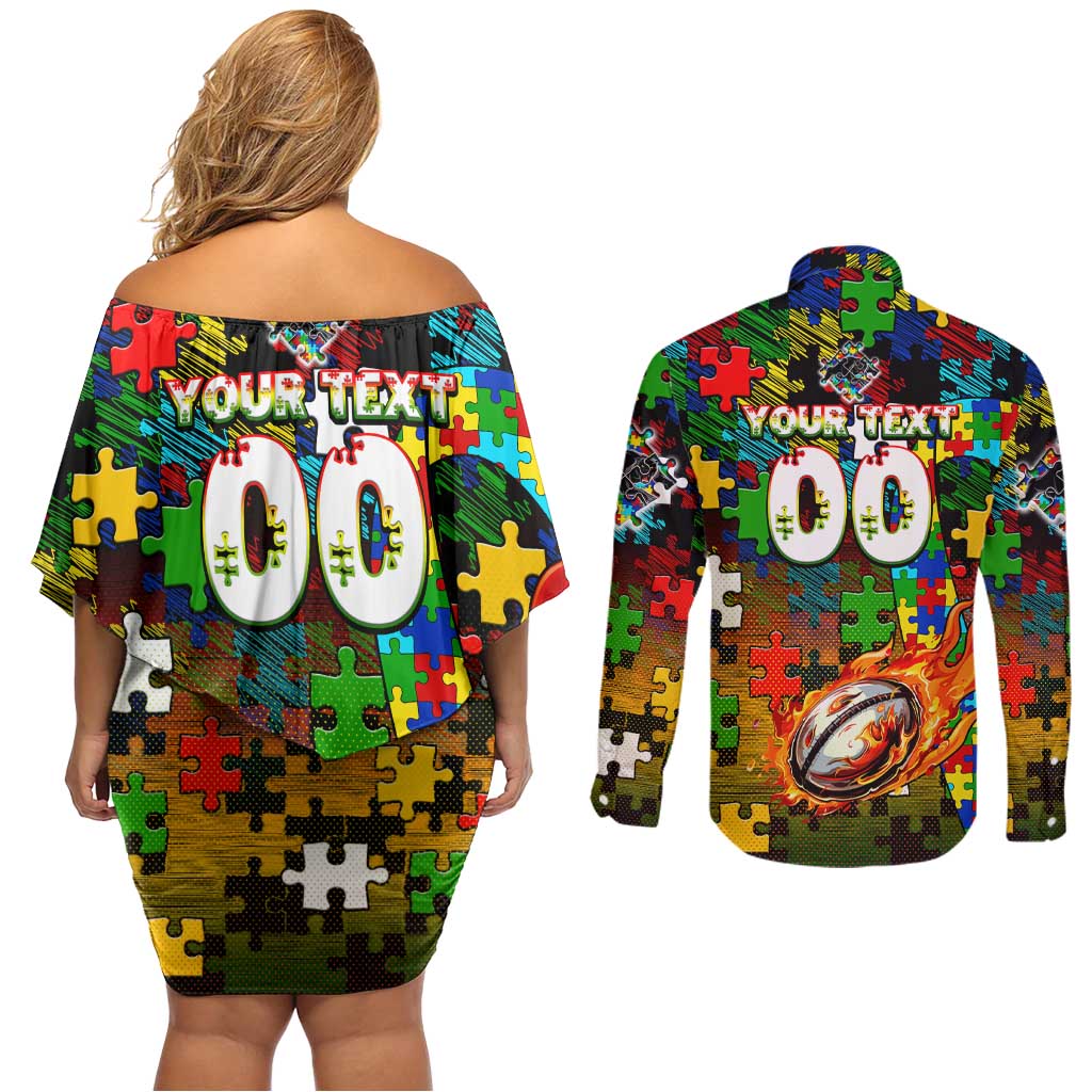 Panthers Autism Awareness Couples Matching Off Shoulder Short Dress and Long Sleeve Button Shirt Puzzle Flames Rugby Ball