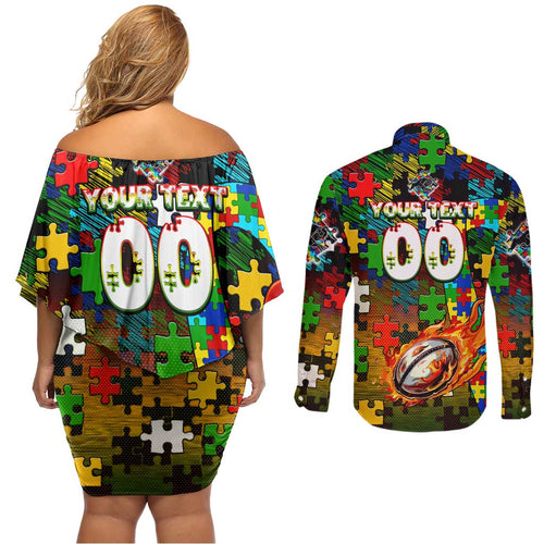 Panthers Autism Awareness Couples Matching Off Shoulder Short Dress and Long Sleeve Button Shirt Puzzle Flames Rugby Ball