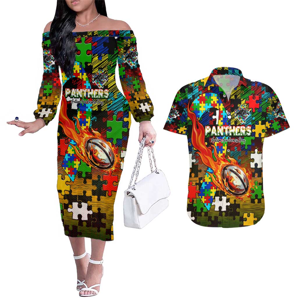 Panthers Autism Awareness Couples Matching Off The Shoulder Long Sleeve Dress and Hawaiian Shirt Puzzle Flames Rugby Ball