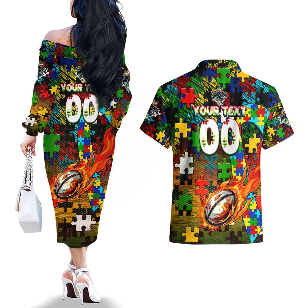 Panthers Autism Awareness Couples Matching Off The Shoulder Long Sleeve Dress and Hawaiian Shirt Puzzle Flames Rugby Ball