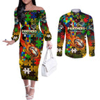 Panthers Autism Awareness Couples Matching Off The Shoulder Long Sleeve Dress and Long Sleeve Button Shirt Puzzle Flames Rugby Ball