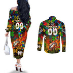 Panthers Autism Awareness Couples Matching Off The Shoulder Long Sleeve Dress and Long Sleeve Button Shirt Puzzle Flames Rugby Ball