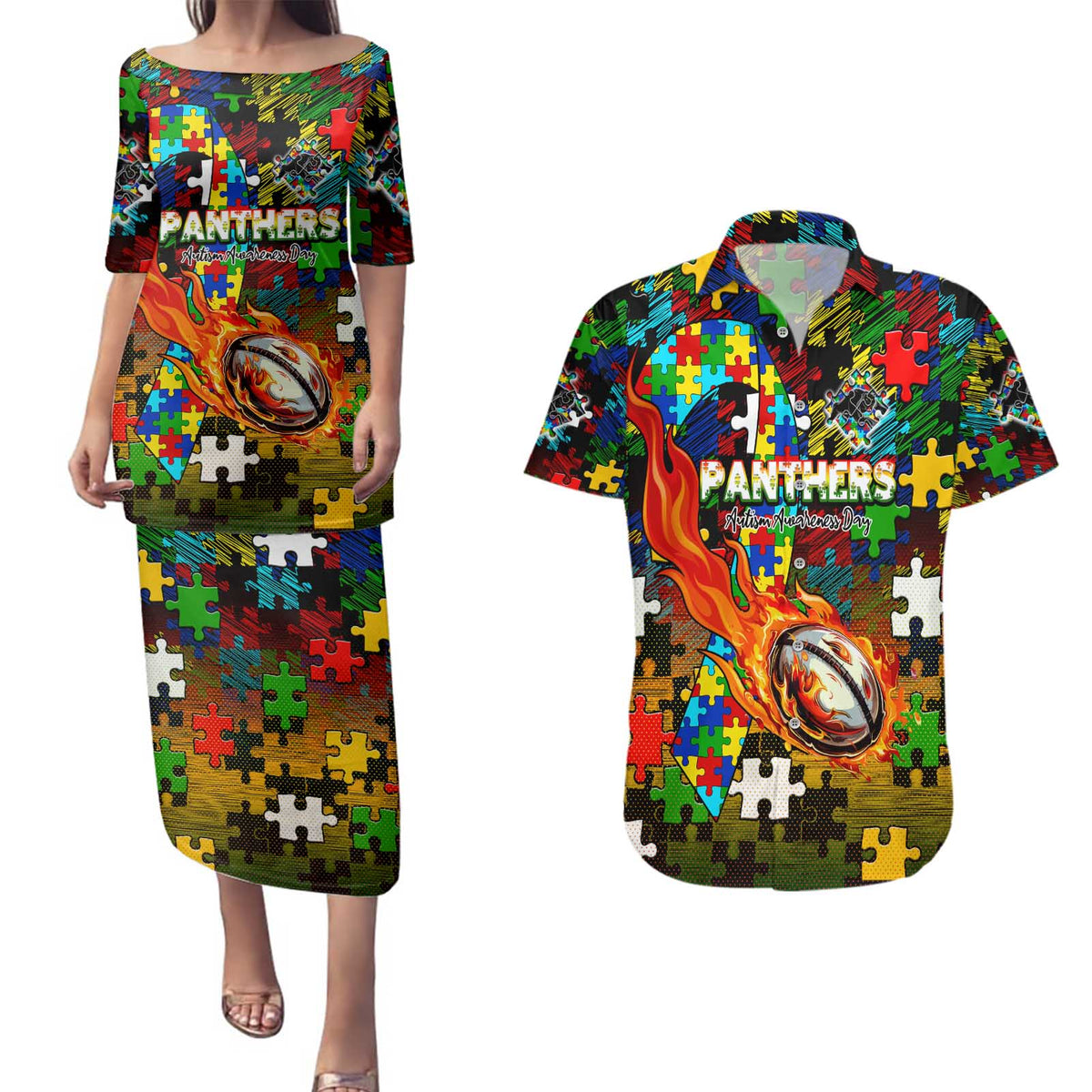 Panthers Autism Awareness Couples Matching Puletasi and Hawaiian Shirt Puzzle Flames Rugby Ball