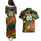 Panthers Autism Awareness Couples Matching Puletasi and Hawaiian Shirt Puzzle Flames Rugby Ball