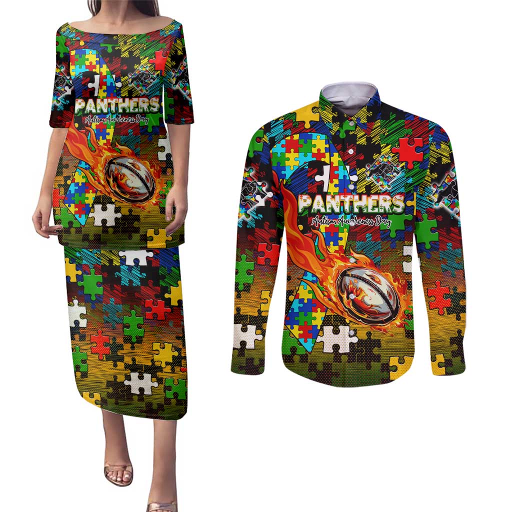 Panthers Autism Awareness Couples Matching Puletasi and Long Sleeve Button Shirt Puzzle Flames Rugby Ball