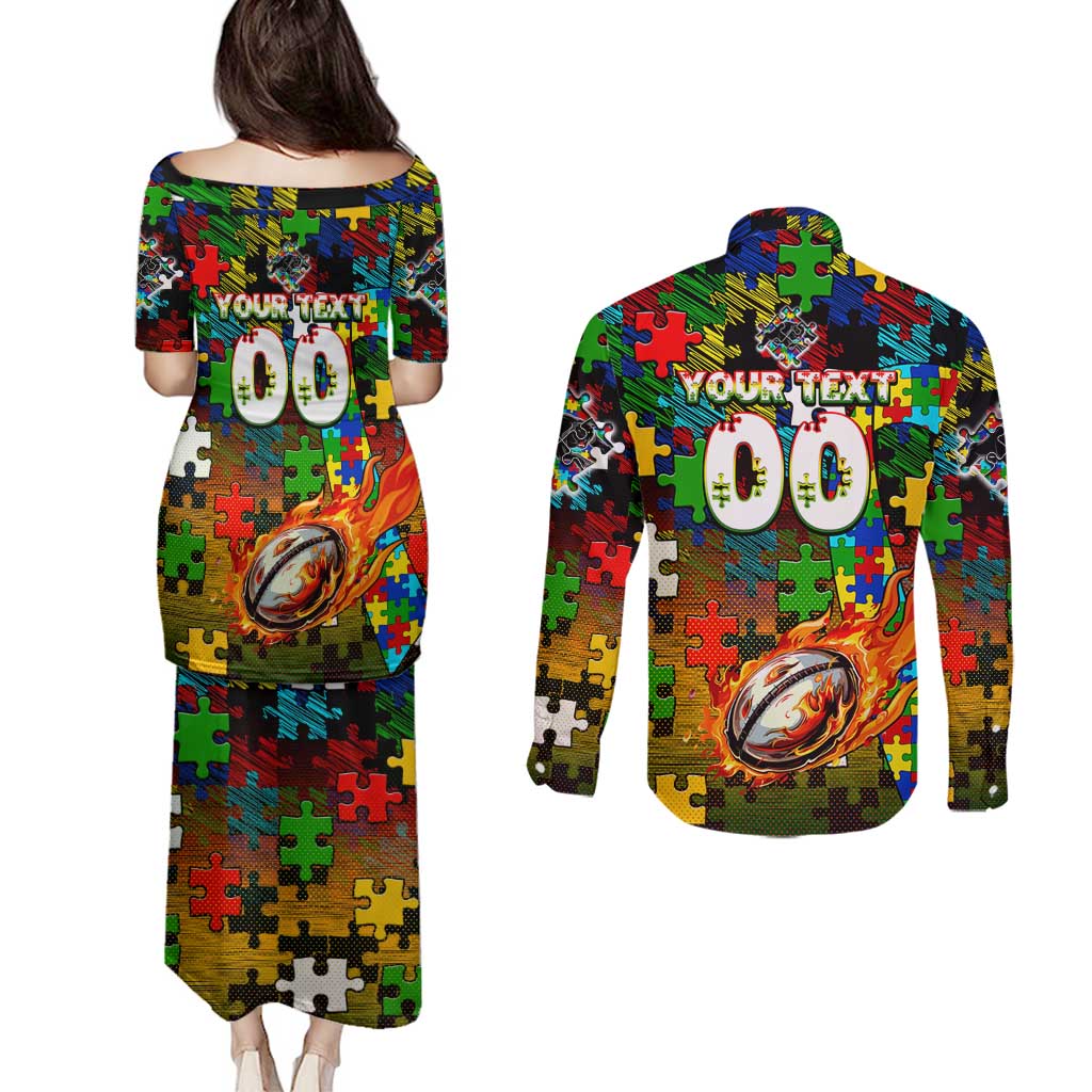 Panthers Autism Awareness Couples Matching Puletasi and Long Sleeve Button Shirt Puzzle Flames Rugby Ball