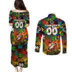 Panthers Autism Awareness Couples Matching Puletasi and Long Sleeve Button Shirt Puzzle Flames Rugby Ball