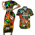 Panthers Autism Awareness Couples Matching Short Sleeve Bodycon Dress and Hawaiian Shirt Puzzle Flames Rugby Ball